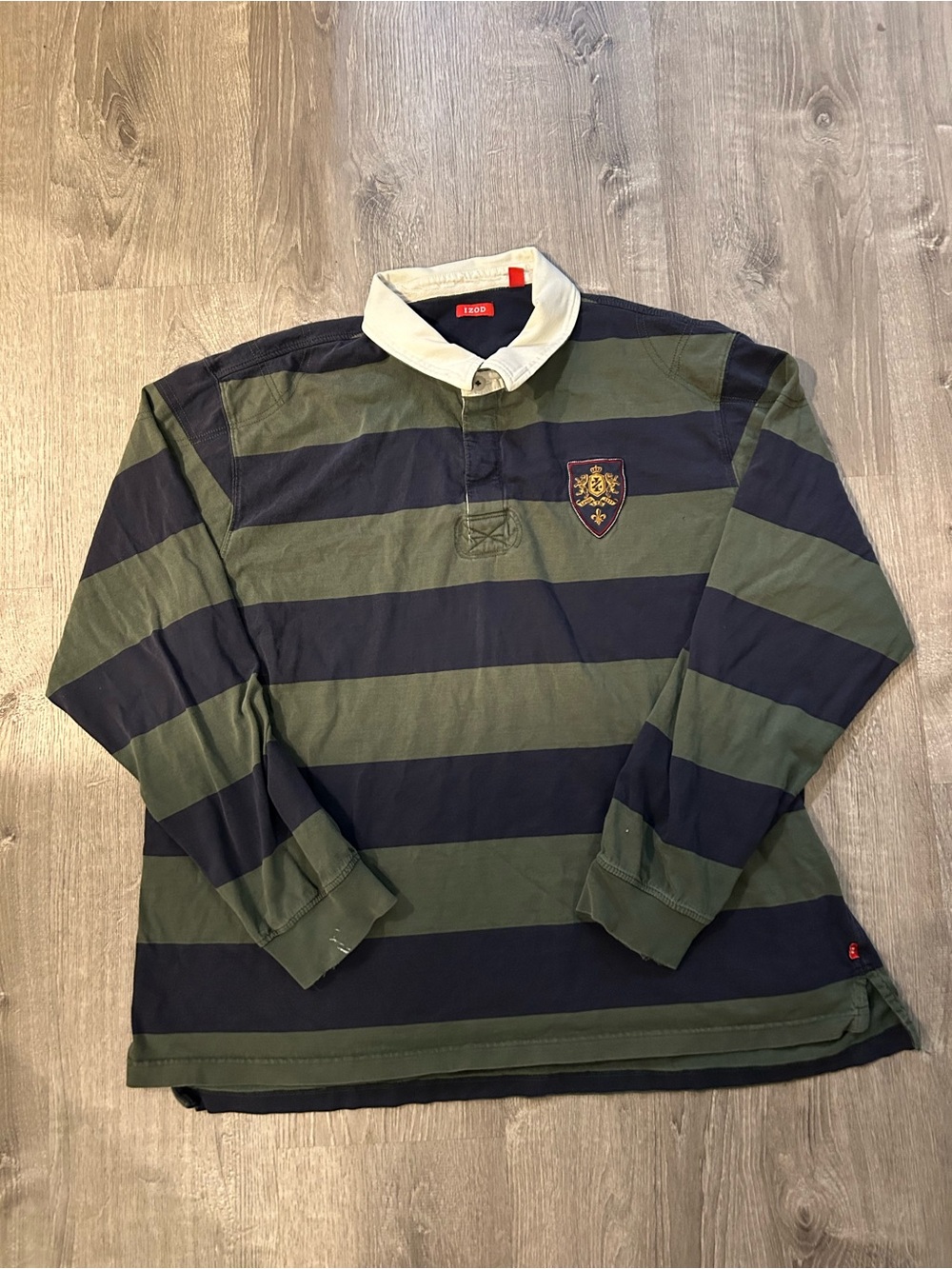 Izod XXXL Olive Green and Navy Striped Rugby Polo with Crest